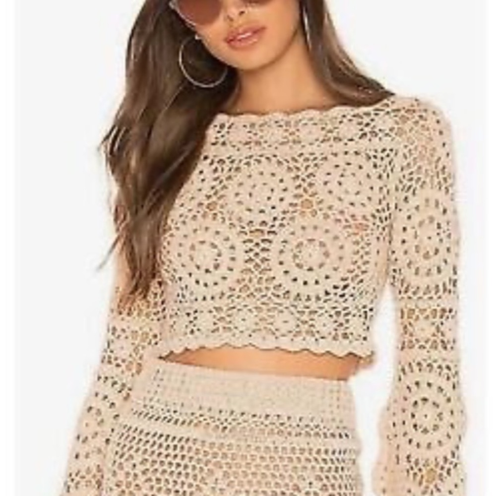 Revolve Majorelle Tan Harvest Crochet Bell Sleeve Crop Top in Sand